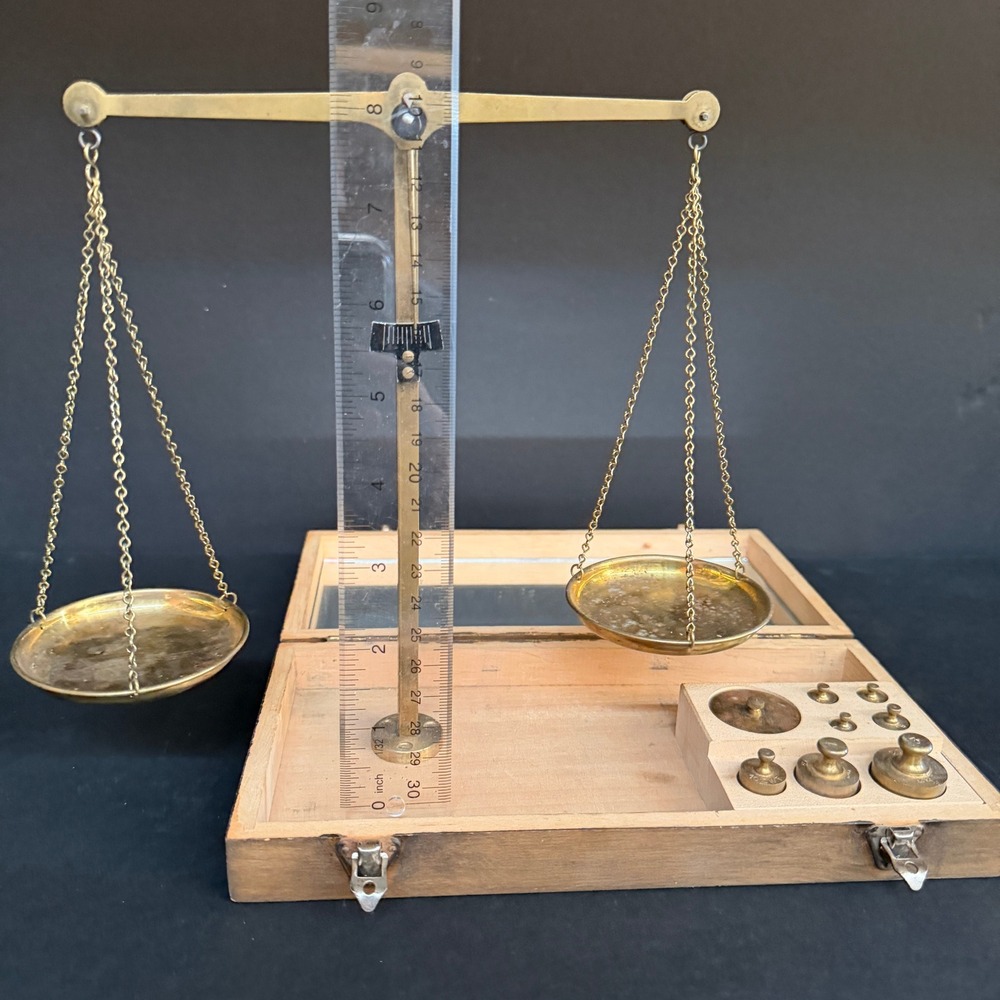 Vintage Brass Apothecary Balance Scale Set with Wood Case & Weights Gold Tone